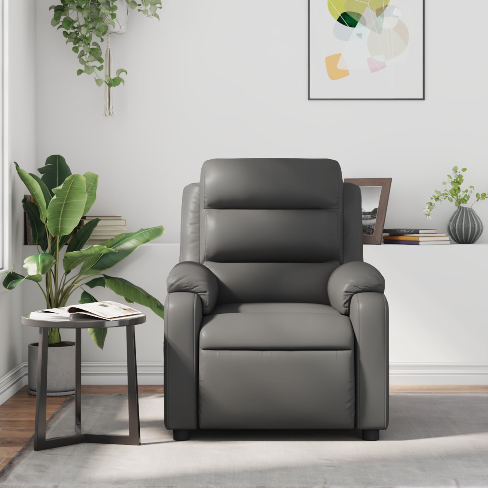 vidaXL Massage Recliner Chair with 6-Point Vibration Massage and Convenient Side Pocket, Grey Leather Rocker, Adjustable Backrest & Footrest Lounge Seat for Living Room, USB Charge Port