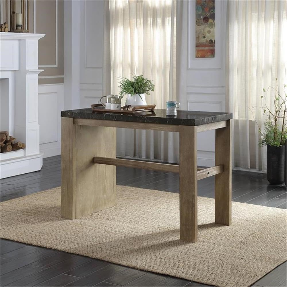 Acme Charnell Marble Top Counter Heigh Table with Storage Base in Black and Oak
