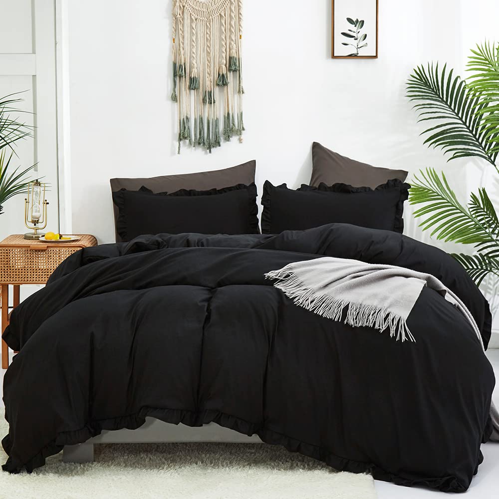 Clothknow Black Ruffles Queen Comforter Set 3Pcs Black Bedding Comforter Sets Farmhouse Queen Comforter Shabby Chic Boho Comfort