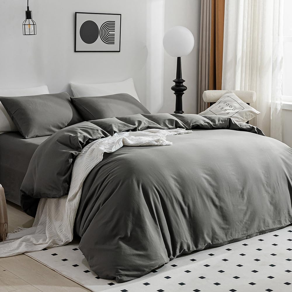 Jellymoni Gray Duvet Cover Full Size - 100% Washed Cotton Linen Like Textured Comforter Cover, 3 Pieces Breathable Soft Bedding