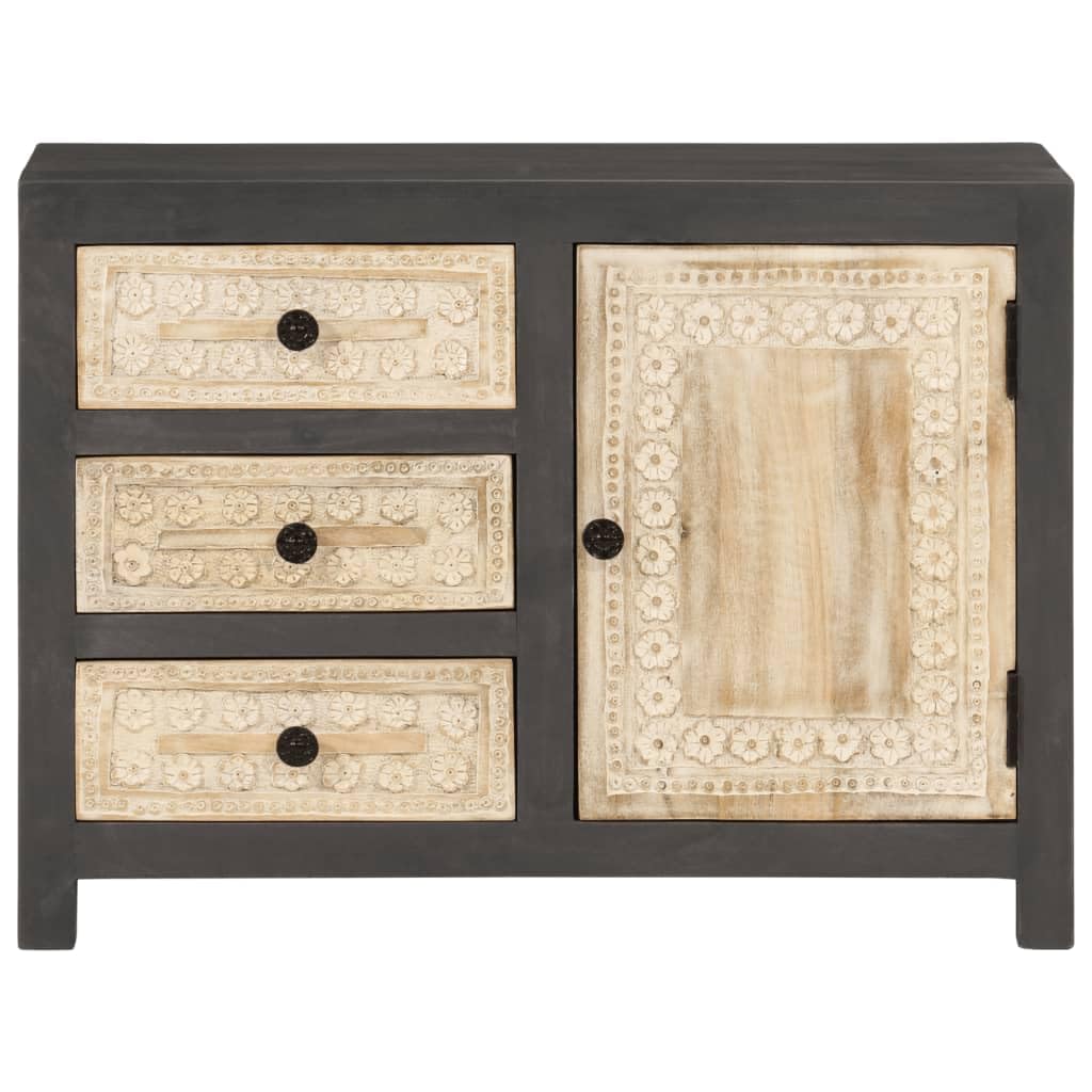 vidaXL Sideboard - Solid Mango Wood Cabinet/Drawer - Gray & White, 29.5&quot;x13.8&quot;x21.7&quot; - Hand Carved Modern Furniture Piece