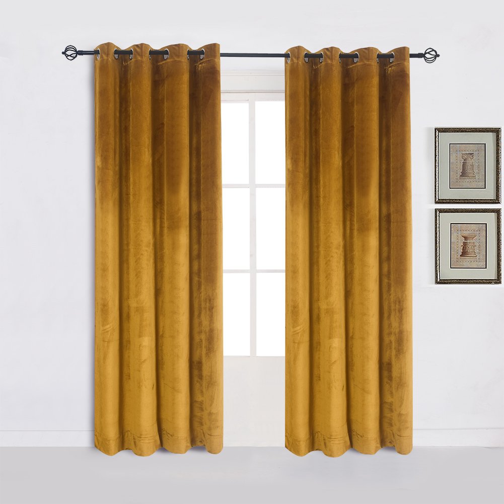 Cherry Home Super Soft Luxury Velvet Set Of 2 Warm Yellow Blackout Velvet Energy Efficient Grommet-Top Curtains Panel Drapes Gin