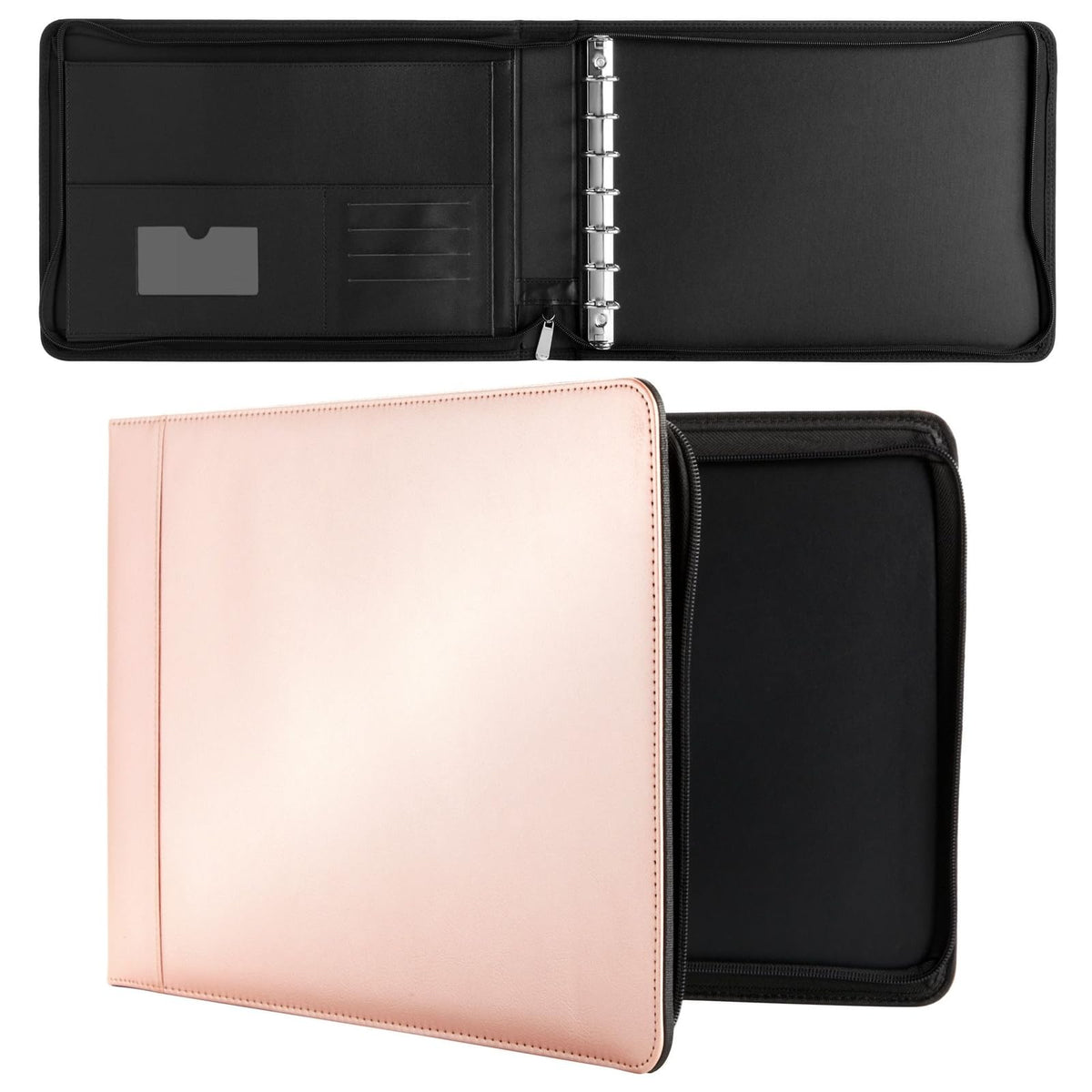 Juvale 7-Ring Business Check Binder With Zipper For Checkbooks Organization, Rose Gold Zippered Portfolio Organizer, Professiona