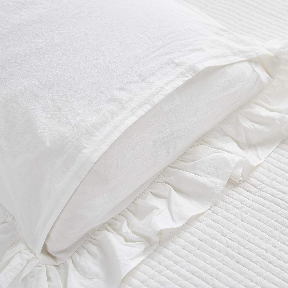 Mywinlle Shabby Off White Ruffle Pillow Shams Standard Size Set Of 2, Washed Cotton Farmhouse Pillowcases Pillow Cover 20''X26''