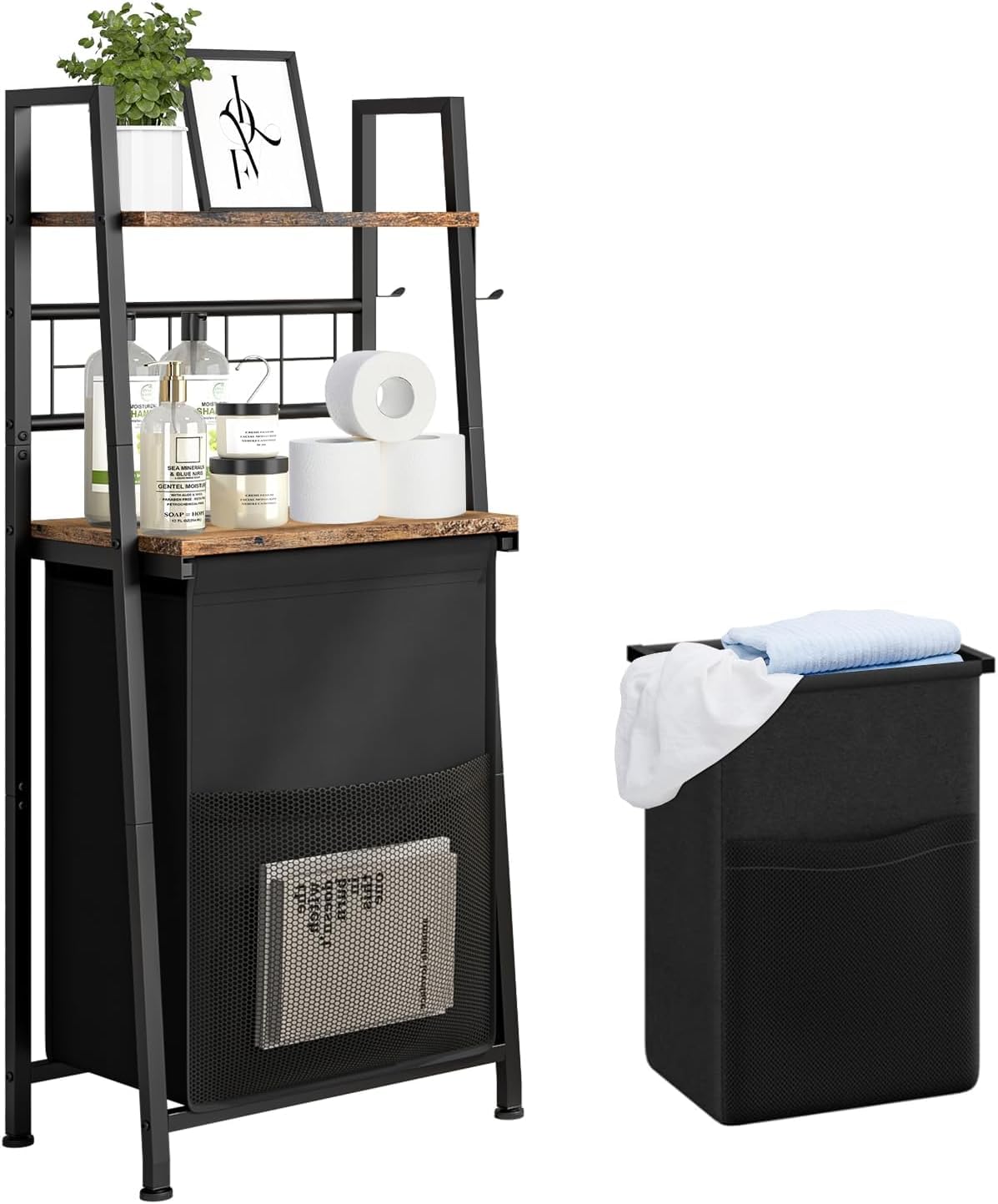 FTEYUET Laundry Basket with Shelf, 2Tier Laundry Hamper with Wooden Shelves and Hooks, PullOut and Removable Laundry Bag, Laun