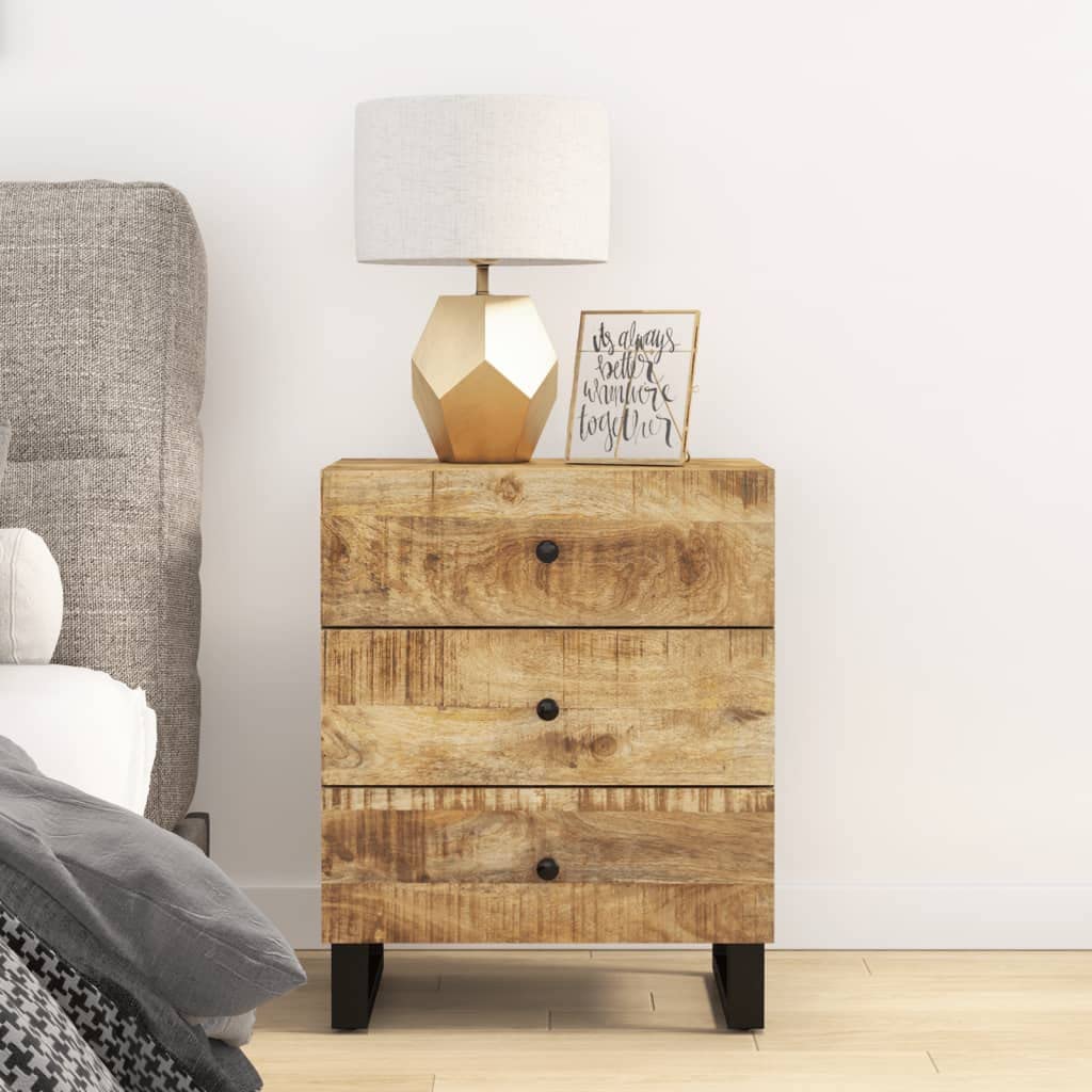 vidaXL Industrial Style Bedside Cabinet with 3 Drawers - Solid Mango Wood Construction, Metal Legs and Robust Top Surface