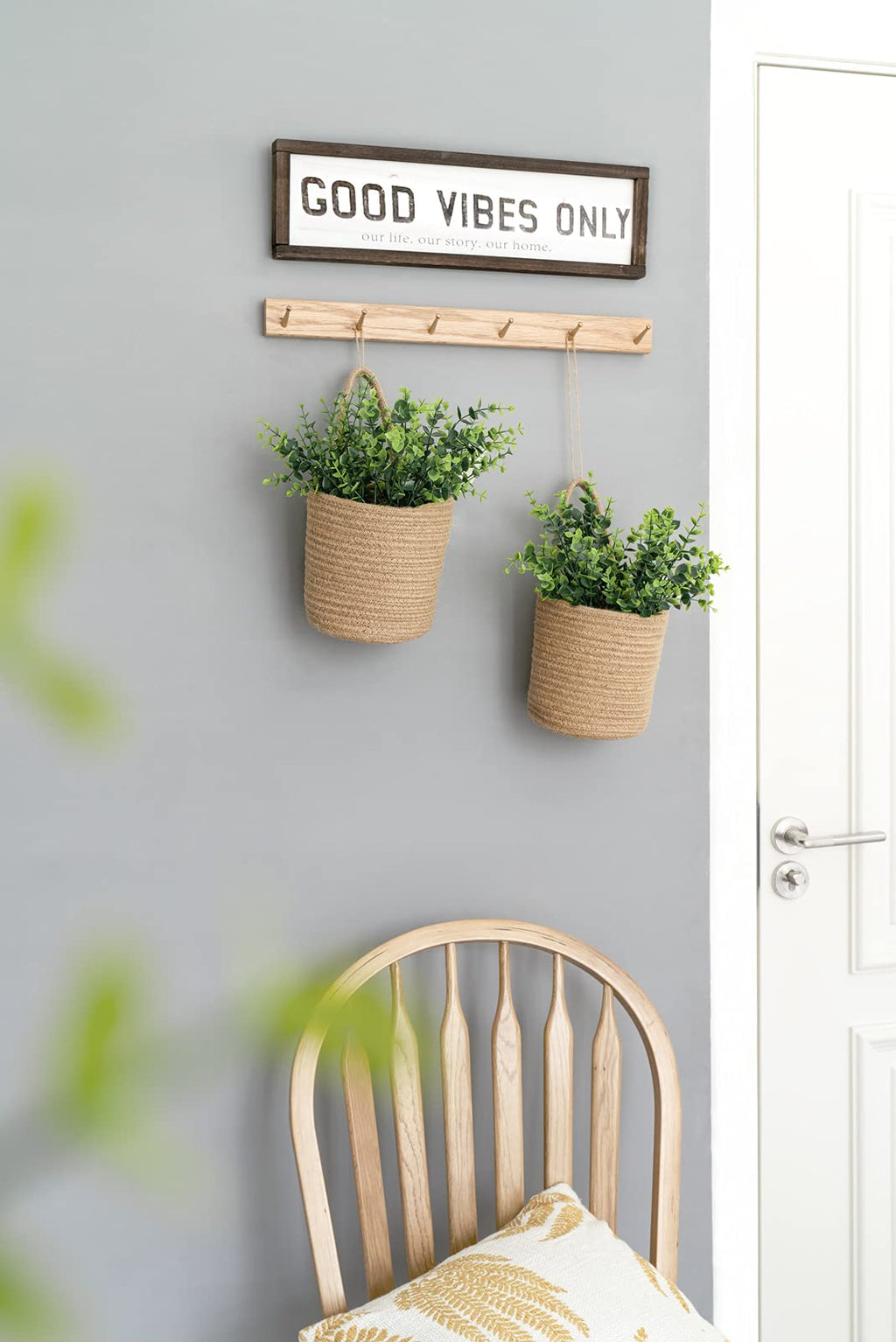Dahey 2 Pack Wall Hanging Rope Basket With Artificial Eucalyptus Farmhouse Decor, Jute Woven Storage Organizer Flower Plants Bas