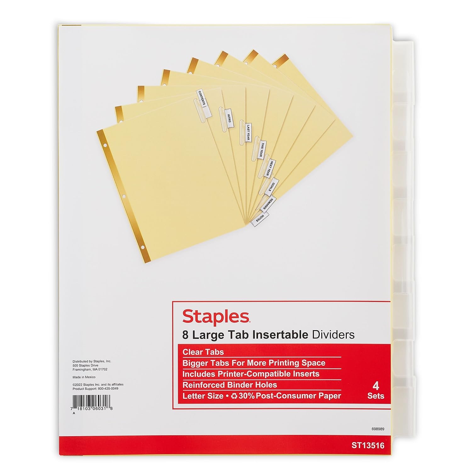 Staples 431424 Big Tab Blank Paper Dividers 8-Tab Clear 4/Pack (13516/14482)
