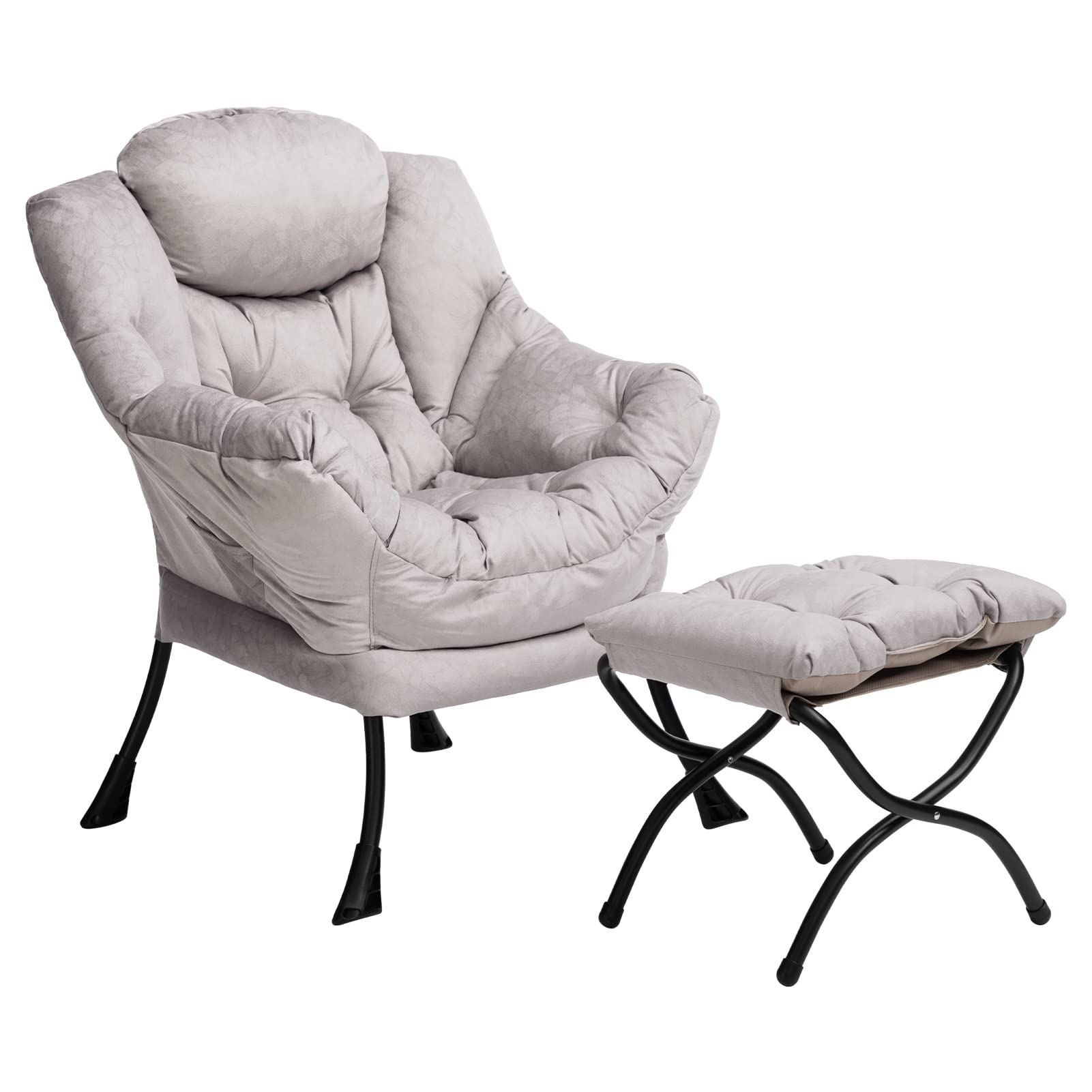 Hollyhome Fabric Lazy Chair With Foldable Ottoman, Accent Comfy Lounge Arm Chair And Folding Footrest Stool Set, Leisure Sofa Reading Chair And Footstool For Living Room, Bedroom, Dorm, Grey