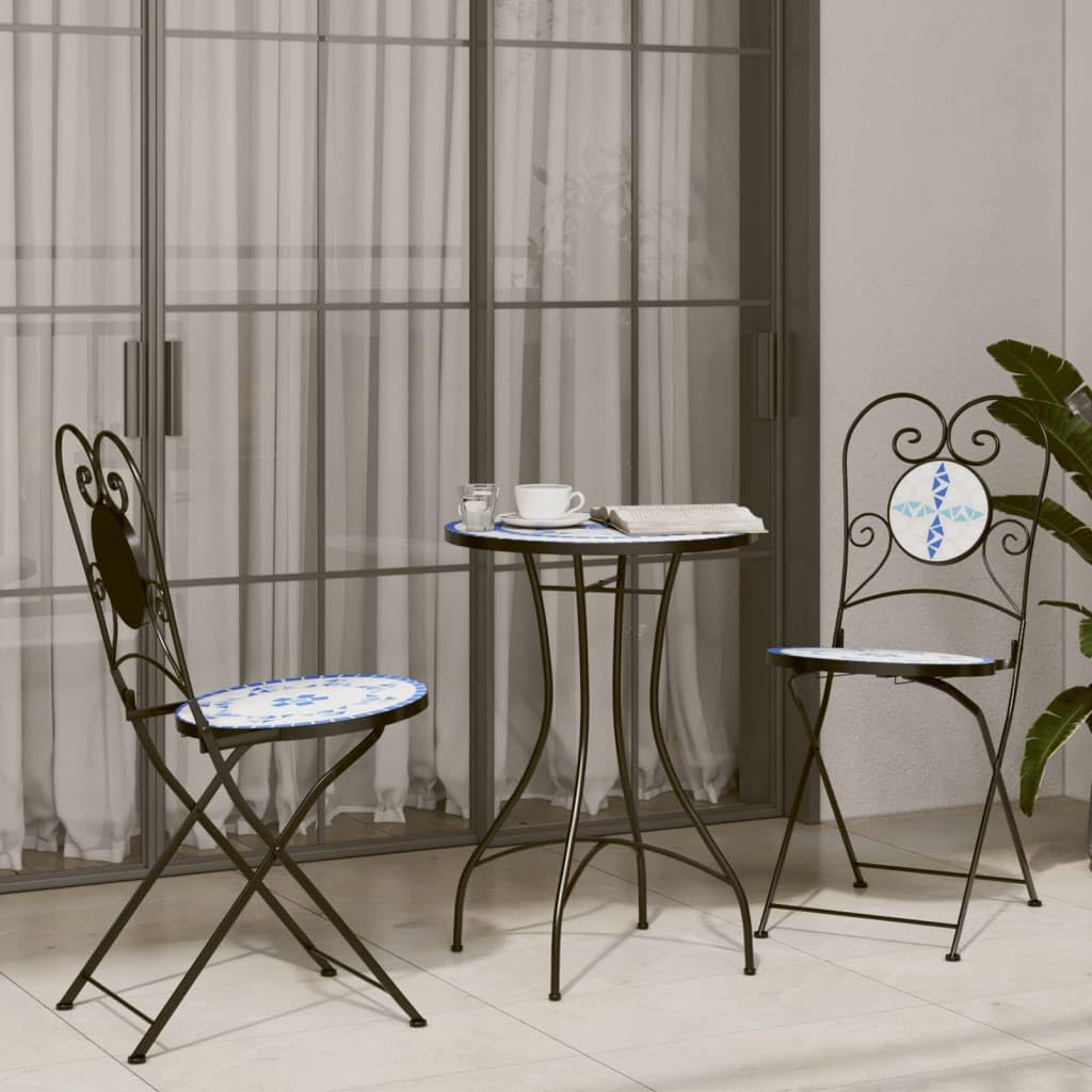 vidaXL Bistro Chairs - Foldable Ceramic Seating - 2 pcs Blue & White Mosaic - for Garden/Patio/Indoor - 15" x 17.9" x 35.2"