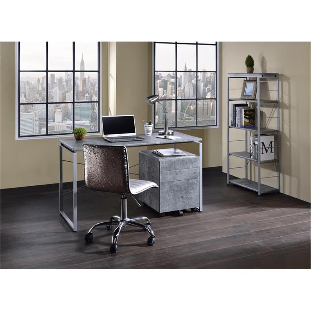 Acme Jurgen Wooden Rectangle Top Writing Desk In Faux Concrete And Silver