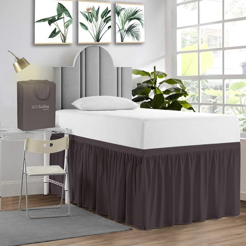 Sgi Bedding Dorm Bed Skirt Twin Xl 32 Inch Drop Length - Dark Grey, Ruffled Pattern College Dorm Room Bed Skirts - Split Corner,