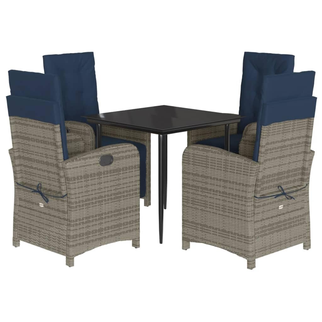vidaXL 5-Piece Patio Dining Set - Gray Poly Rattan with Navy Cushions, Adjustable Reclining Chairs, Tempered Glass Table