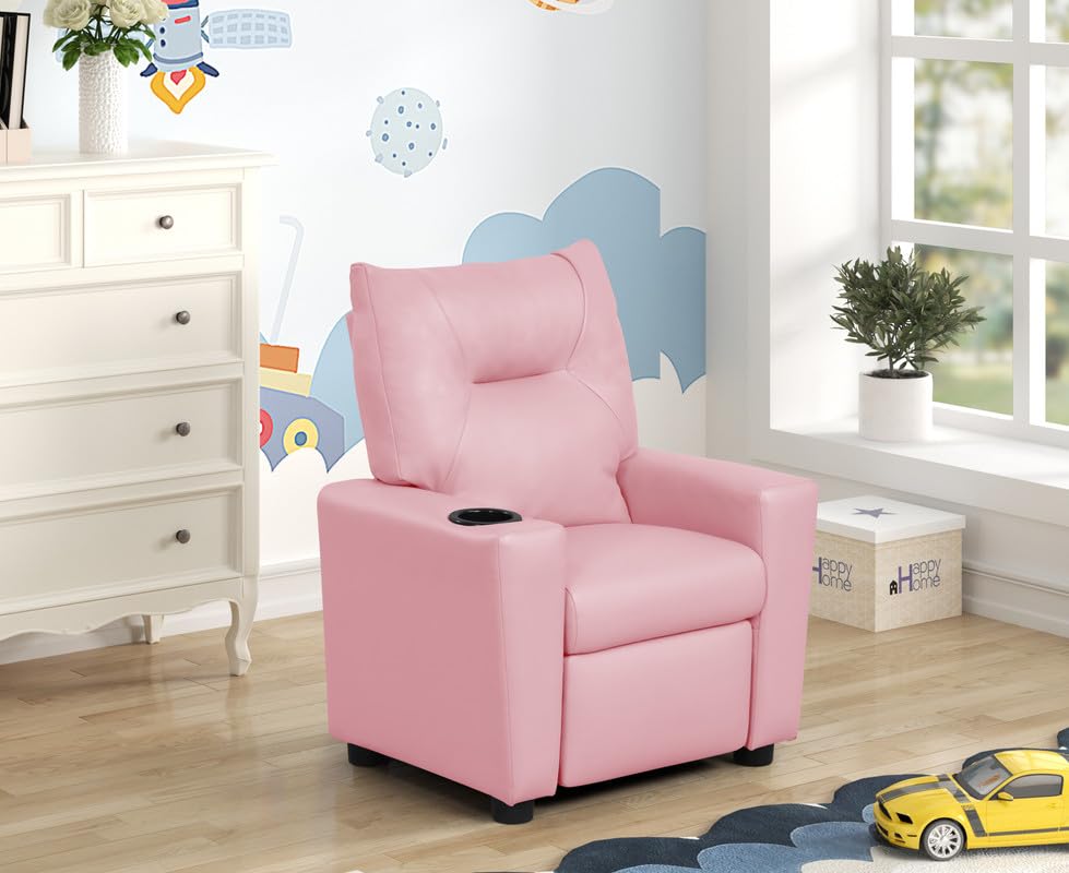 Lilola Home Perline 23" W Pink PVC Fabric Kids Recliner Chair with Cupholder