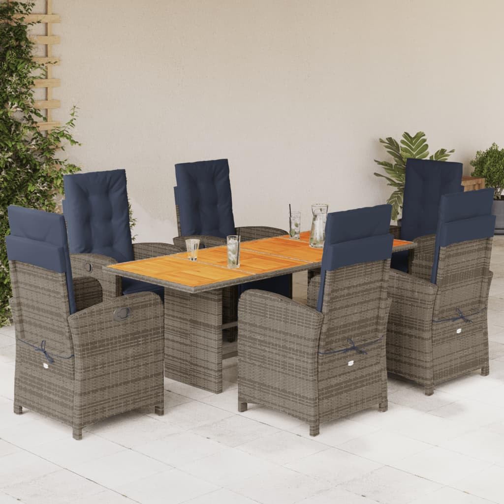 vidaXL 7-Piece Outdoor Furniture Set - Poly Rattan Patio Dining with Cushions, Adjustable Garden Chairs, and Acacia Tabletop, Gray
