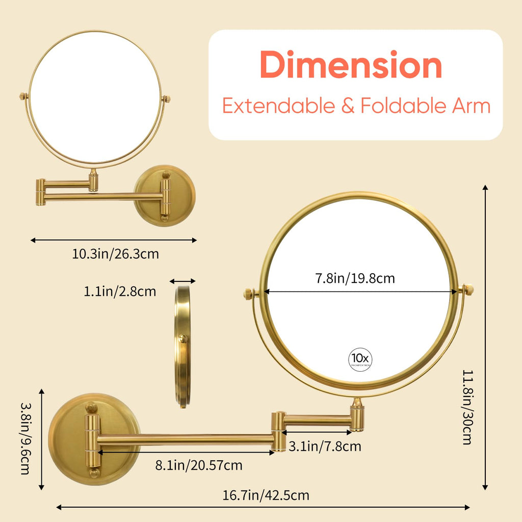 GURUN 8" Wall Mounted Makeup Mirror, 10X Magnification, Brass, Retro Gold Finish, Two-Sided Swivel