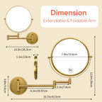 GURUN 8" Wall Mounted Makeup Mirror, 10X Magnification, Brass, Retro Gold Finish, Two-Sided Swivel