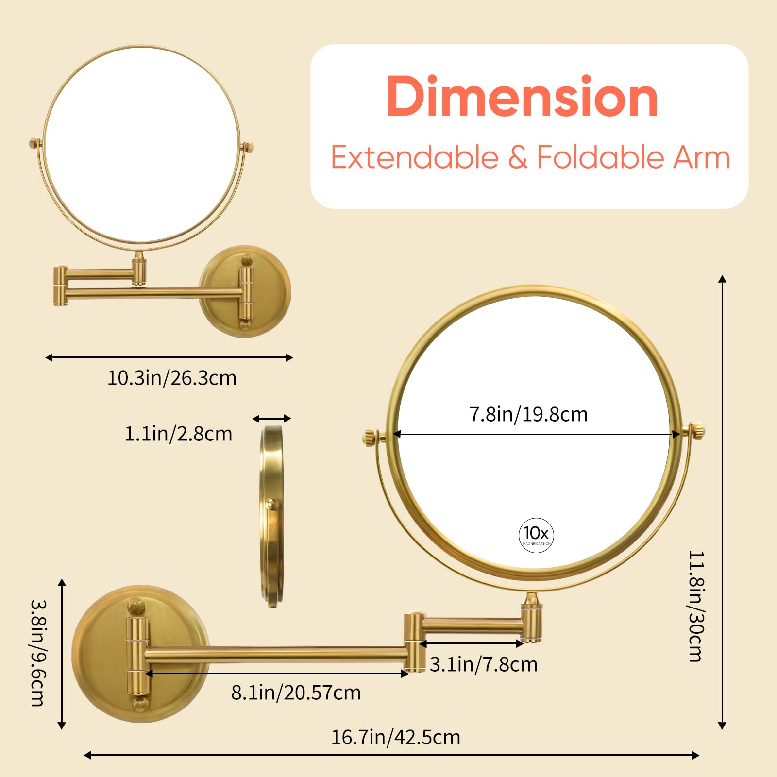 GURUN 8" Wall Mounted Makeup Mirror, 10X Magnification, Brass, Retro Gold Finish, Two-Sided Swivel