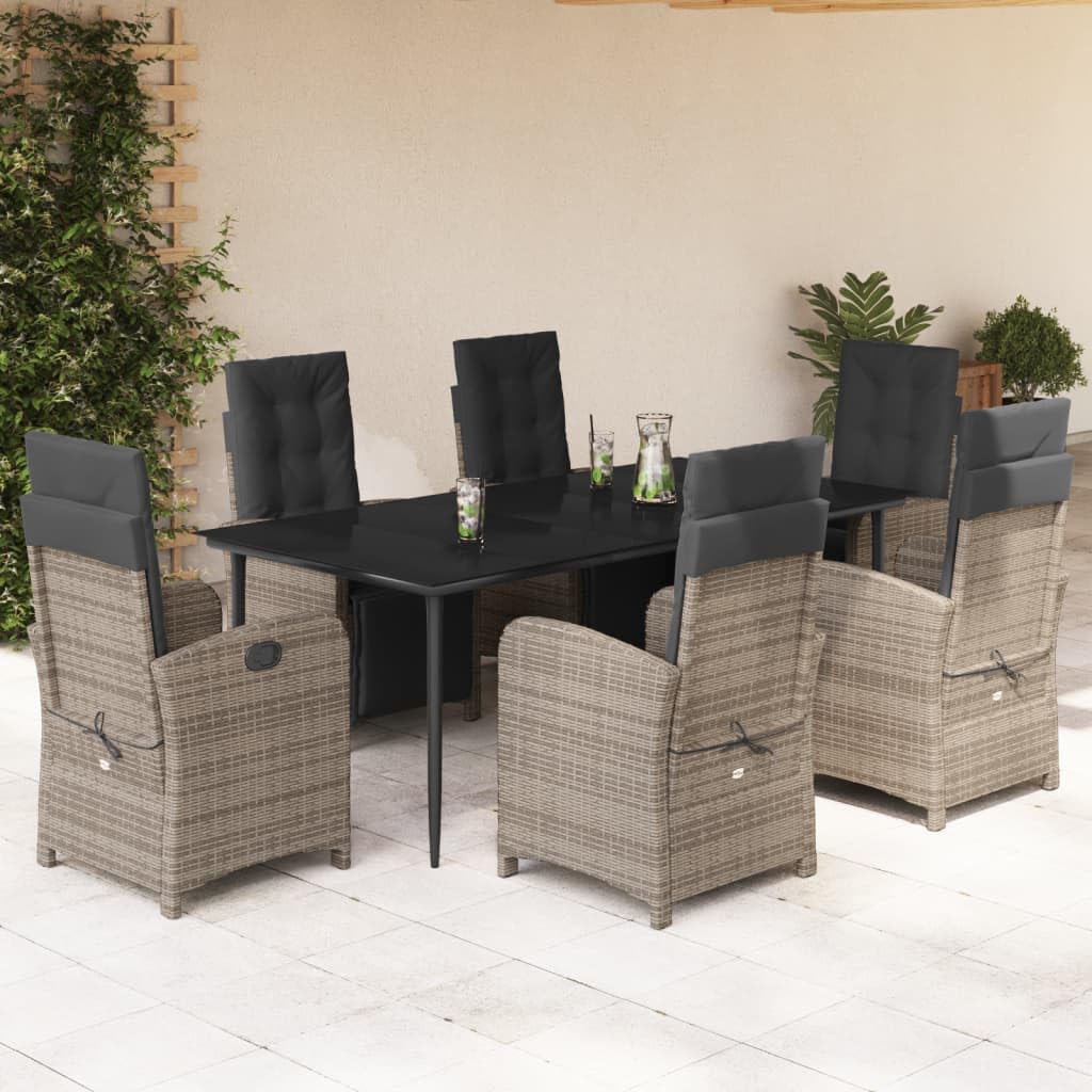 vidaXL 7 Piece Patio Dining Set - Grey PE Rattan & Tempered Glass Table - Reclining Chairs w/Removable Cushions