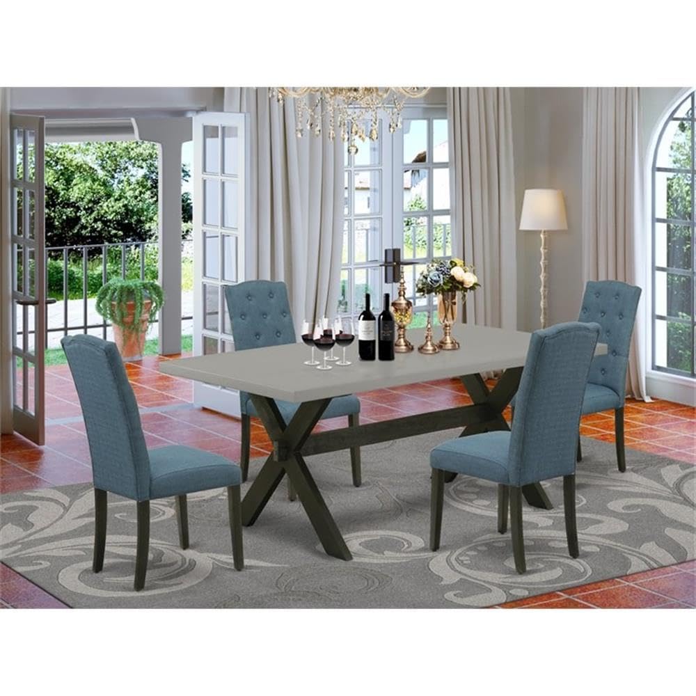 East West Furniture X697Ce121-5 5 Piece Dining Table Set Includes A Rectangle Dining Room Table With X-Legs And 4 Mineral Blue Linen Fabric Parsons Chairs, 40X72 Inch, Multi-Color