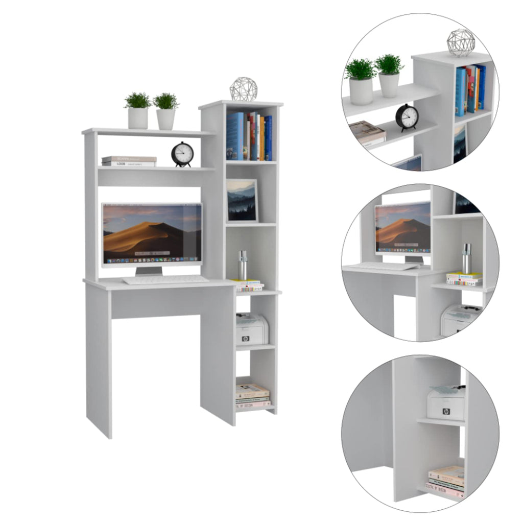 Aramis Ergonomic Desk with 5 Shelves and 2 Larger Shelves, 63.9" H, White