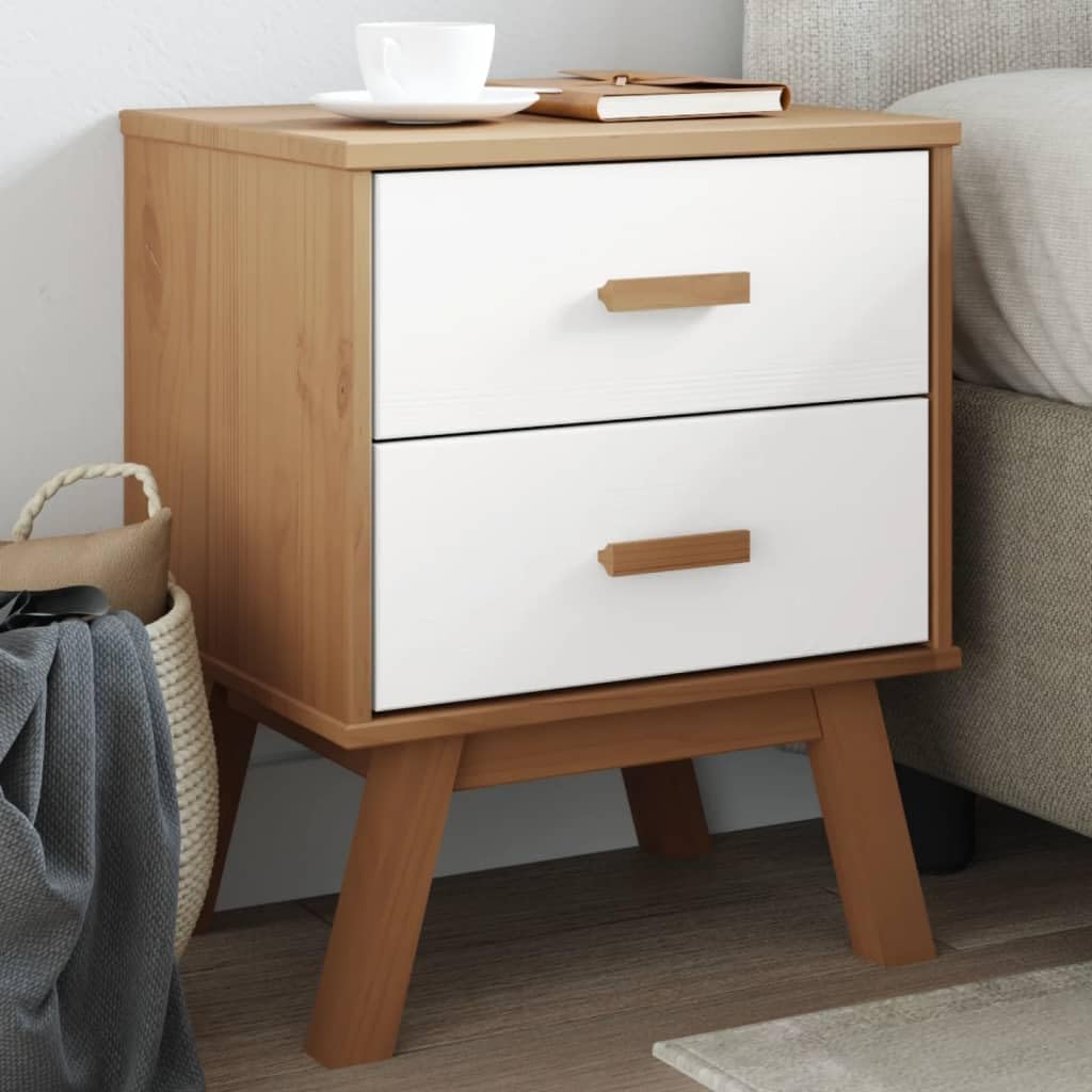 vidaXL Olden Bedside Cabinet - Solid Pine Wood Nightstand, White/Brown, with 2 Drawers, Scandinavian Style, 17.7" x 15.4" x 22.4"