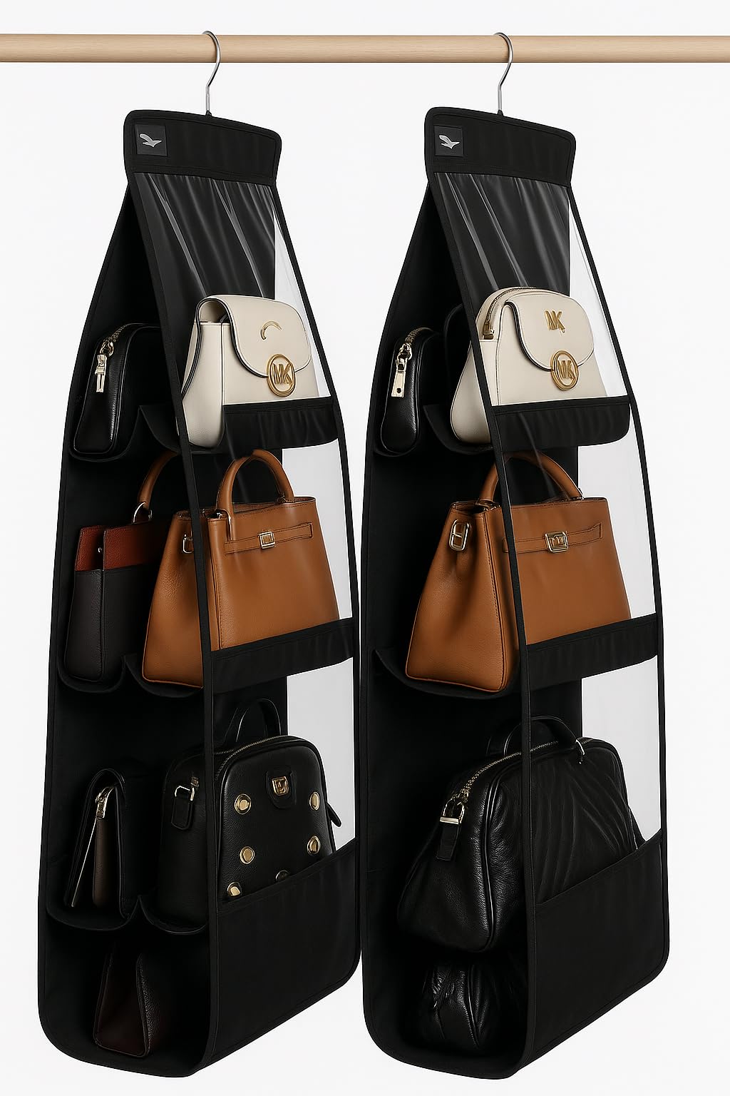 Hanging Handbag Organizer, Black, DustProof Storage With Clear Pockets, SpaceSaving Closet Organizer