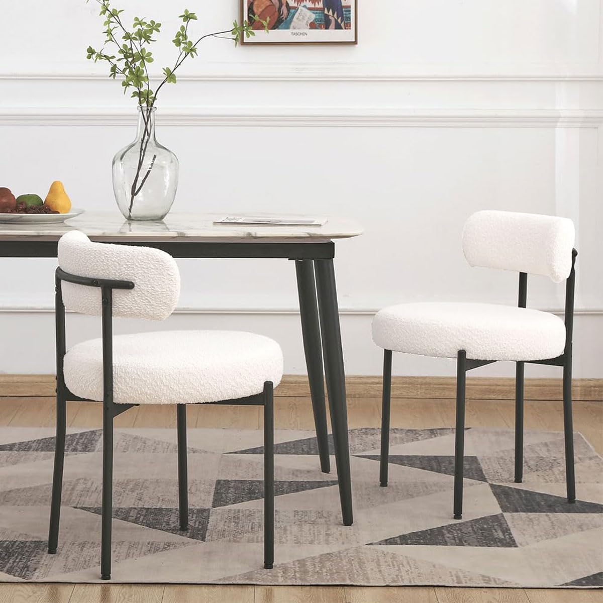 Edwell White Dining Chairs Set Of 2, Modern Dining Room Chairs Mid Century With 3.94' Cushions And Metal Legs, Round Upholstere