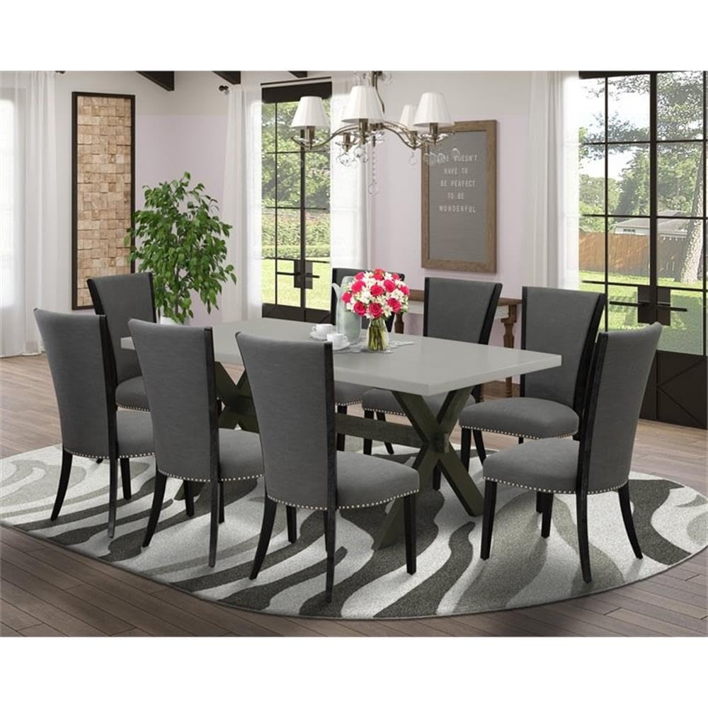 East West Furniture X697Ve650-9 9 Piece Dining Table Set Includes A Rectangle Wooden Table With X-Legs And 8 Dark Gotham Linen Fabric Parson Dining Room Chairs, 40X72 Inch, Multi-Color