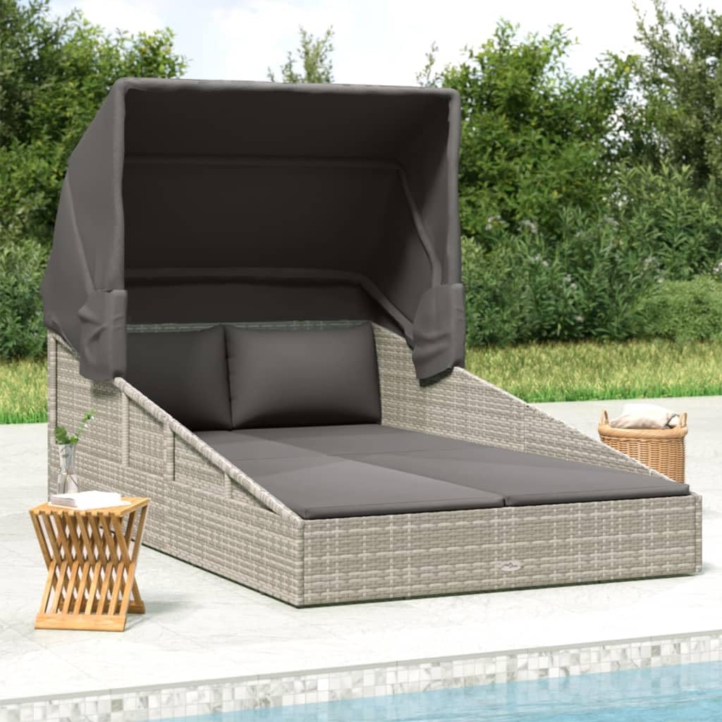vidaXL Modern Sunbed with Foldable Roof in Gray Poly Rattan – Weather Resistant, Easy-to-Clean Garden Lounge Bed with Removable, Washable Cushion Covers