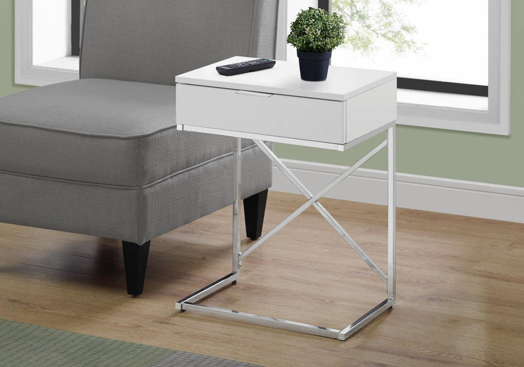 Monarch Specialties 24" H Accent Side Table With Rectangular Top And Chrome Metal Base - Glossy White