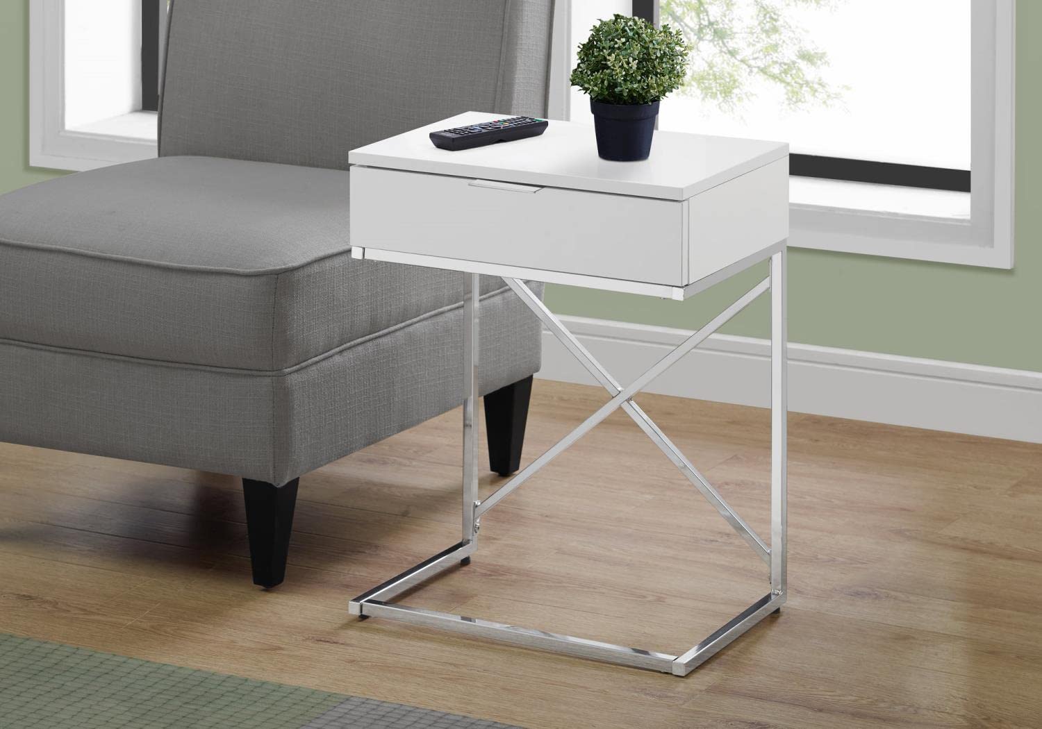 Monarch Specialties 24" H Accent Side Table With Rectangular Top And Chrome Metal Base - Glossy White