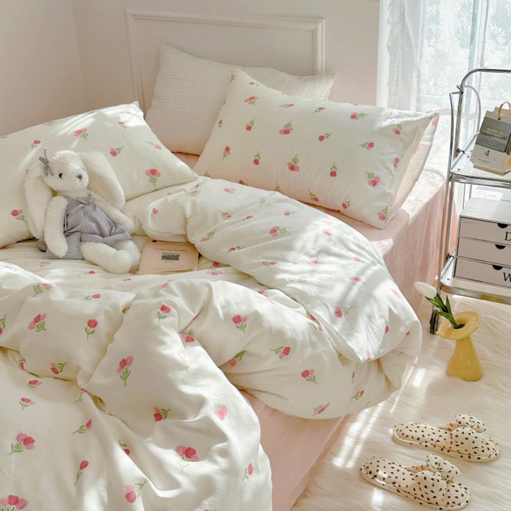 Nayoroom Pink Floral Duvet Cover Queen Size Cute Tulip Printed On White Comforter Cover 3Pcs Kids Girls Kawaii Cottagecore Beddi
