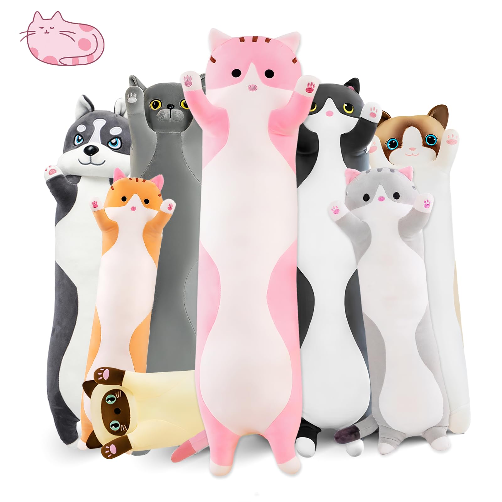 Nxnynz Long Cat Plush Pillow, 19.6In Cute Pink Cat Plushie Stuffed Animals Body Pillow, Kawaii Kitten Soft Plushie Doll Toy Birt
