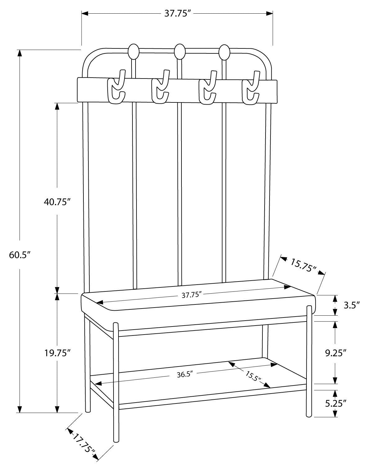 Monarch Specialties 4545 Bench, Entryway, Hallway, Storage, Organizer, Coat Rack, Hall Tree, Metal, Pu Leather Look, Transitional Bench-60 H Charcoal Grey Entry, 37.75' L x 17.75' W x 60.5' H