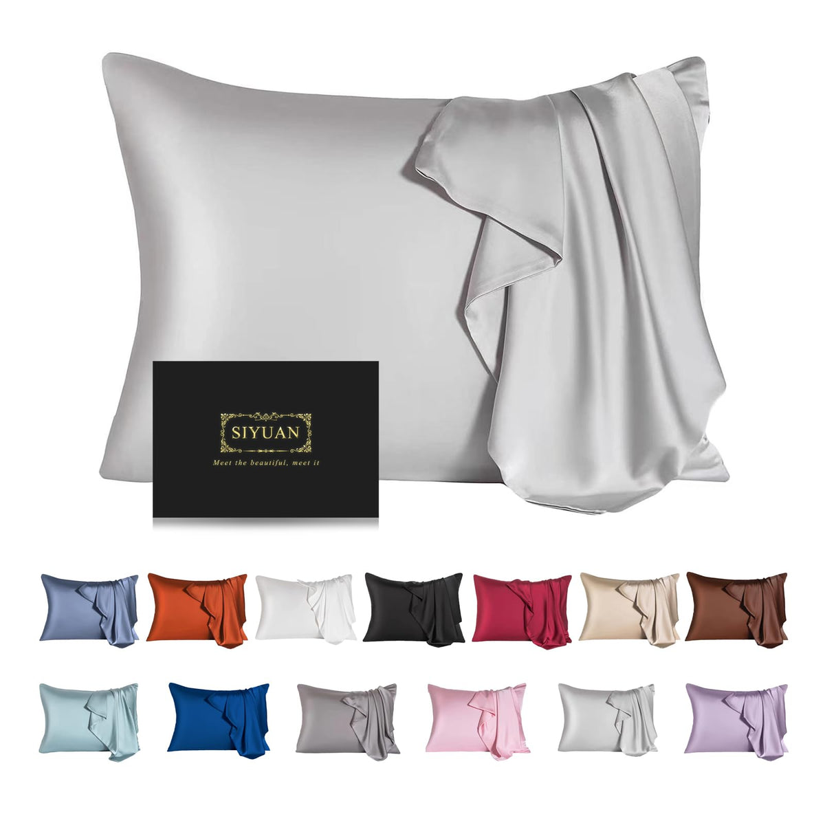 Siyuan Silk Light Gray Pillowcase, Standard Size, Temperature Regulator, Beauty Anti-Aging, Hidden Zipper