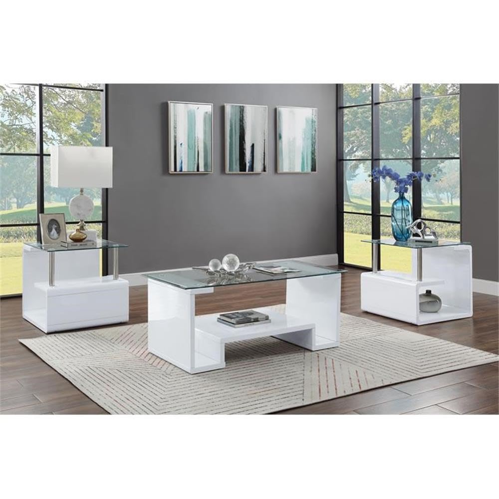 Acme Nevaeh Wooden Rectangular Coffee Table in Clear and White High Gloss