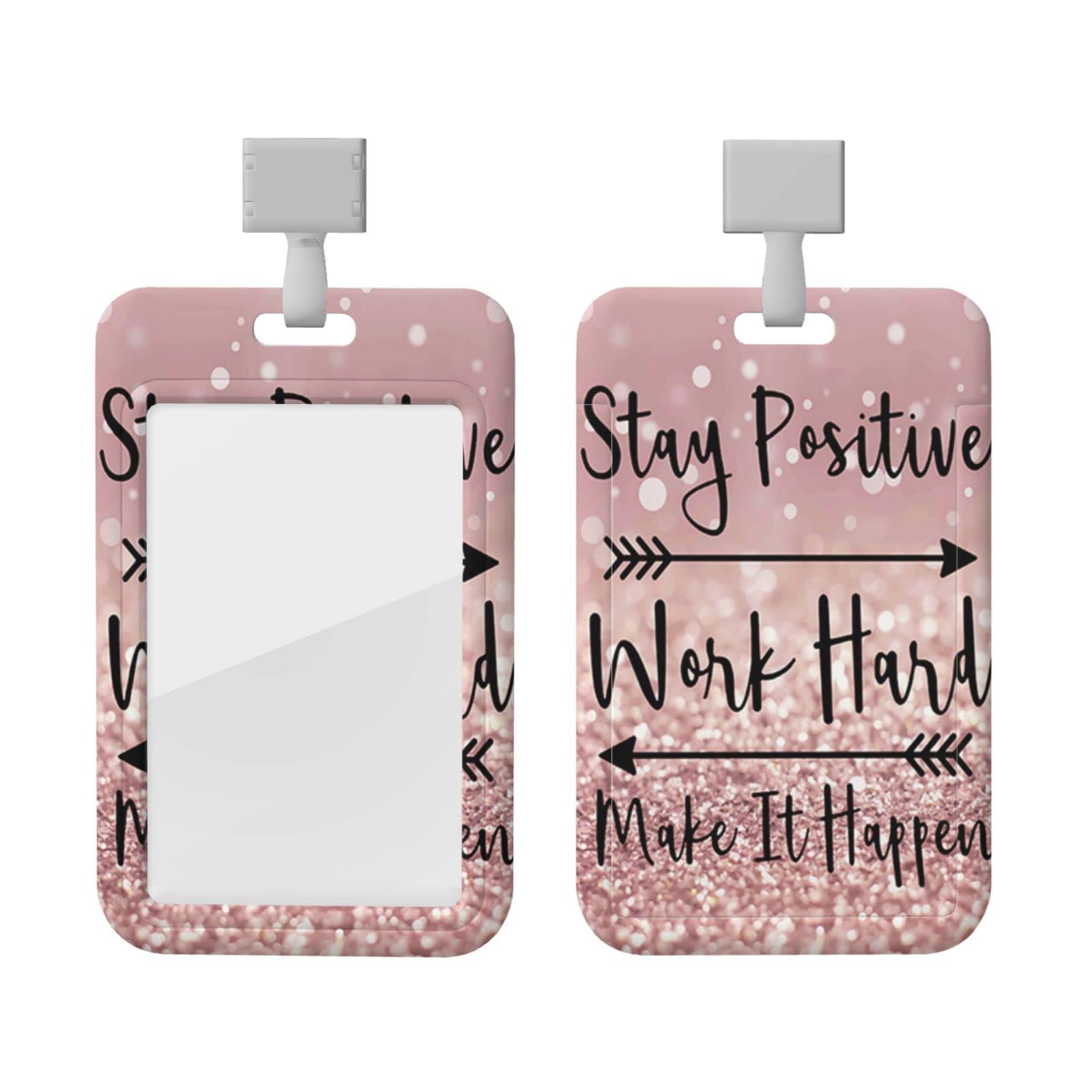 Id Badge Holder With Detachable Lanyard For Women,Office Name Credit Card Badgetag,Rose Gold And Silver Glitter Badge Holder For