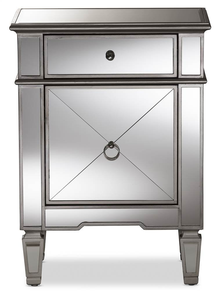 Baxton Studio Claudia Mirrored Nightstand in Silver