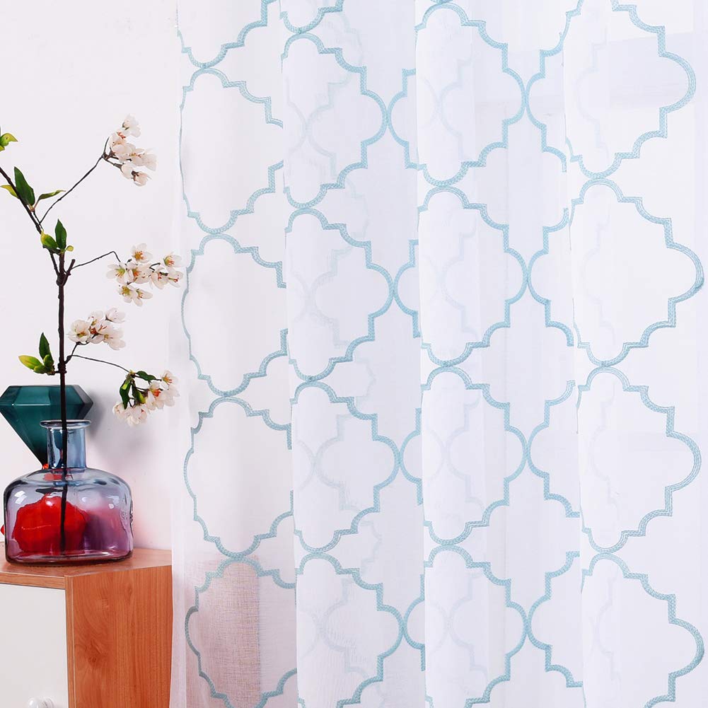 Embroidery Sheer Curtains Blue 63 Inch, Rod Pocket Voile Drapes For Living Room, Bedroom, Window Treatments Moroccan Embroidery