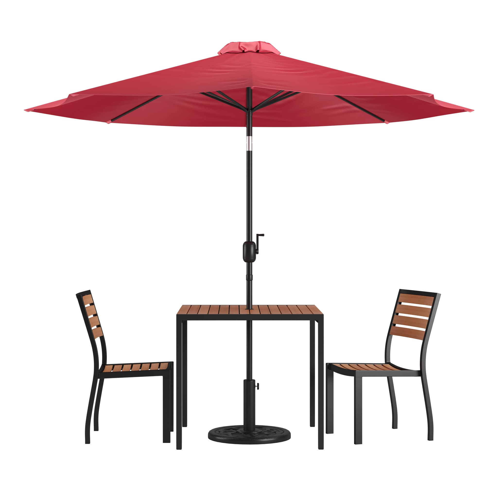 Flash Furniture Lark 5 Piece Patio Table Set - 2 Synthetic Stackable Faux Teak Chairs - 35&quot; Square Faux Teak Table - Red Umbrella with Base