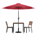 Flash Furniture Lark 5 Piece Patio Table Set - 2 Synthetic Stackable Faux Teak Chairs - 35" Square Faux Teak Table - Red Umbrella with Base