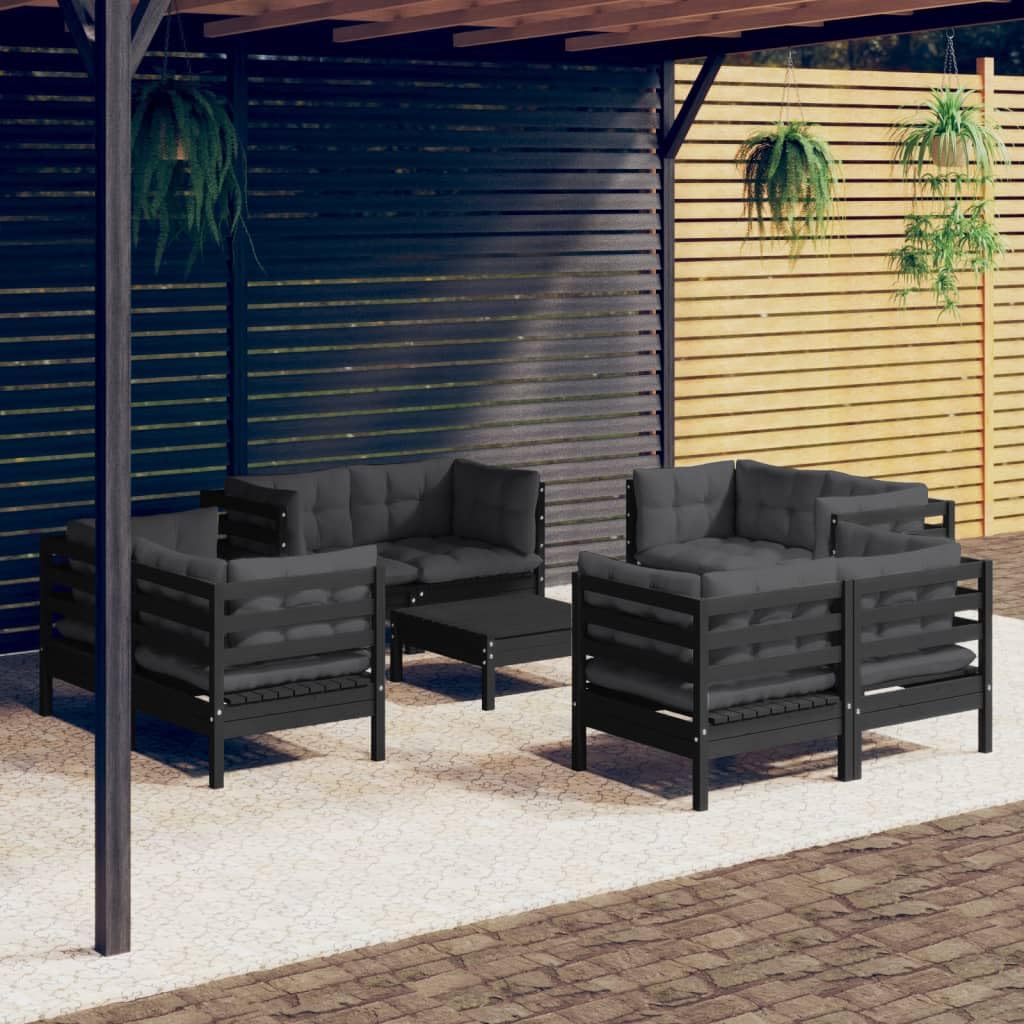 vidaXL Solid Pinewood Patio Lounge Set 9 Piece with Anthracite Cushions Garden Outdoor Lawn Yard Terrace Balcony Wooden Seat Seating Furniture