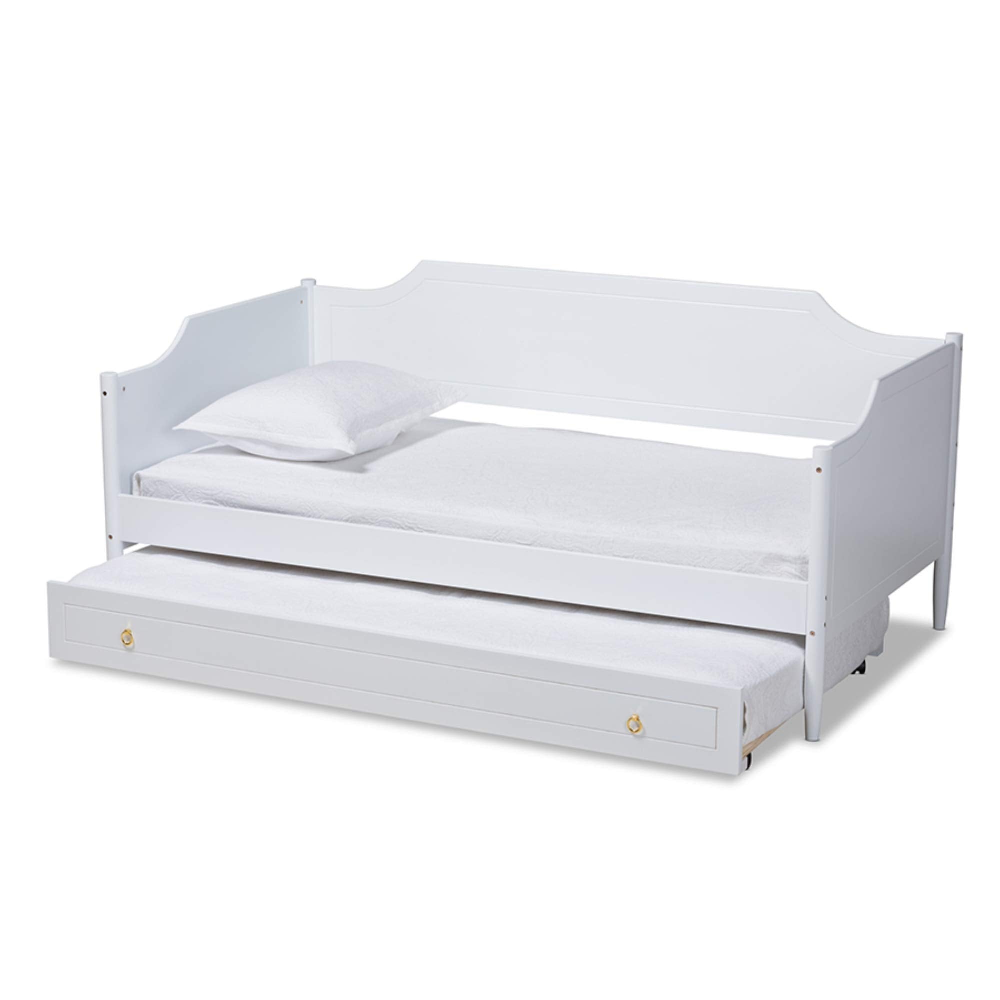Baxton Studio Alya Classic Traditional Farmhouse White Finished Wood Twin Size Daybed with Roll-Out Trundle Bed