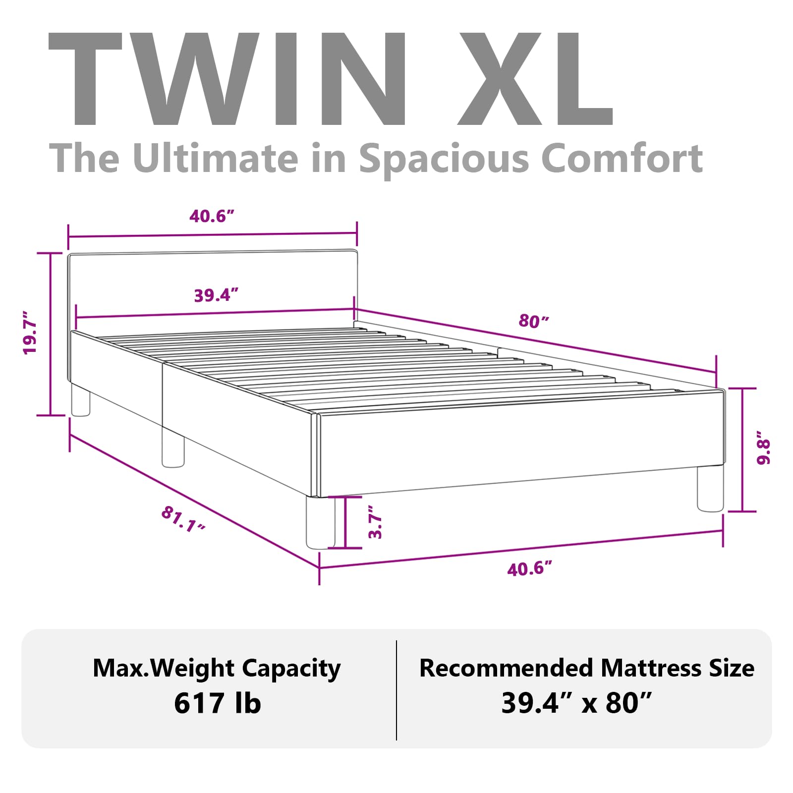 vidaXL Fabric Bed Frame Platform Bed, Scandinavian Style/Slats Support/No Box Spring Needed/Without Mattress/Easy Assembly, Light Grey Twin XL Bed