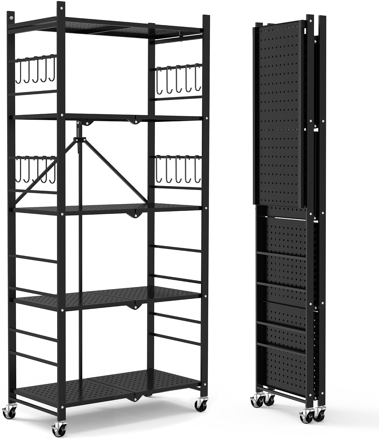 Himix Storage Shelves with 20 Hooks, 5-Tier Collapsible Organization Storage Rack Bookshelf Folding Pantry Shelves Cube Shelf Wi