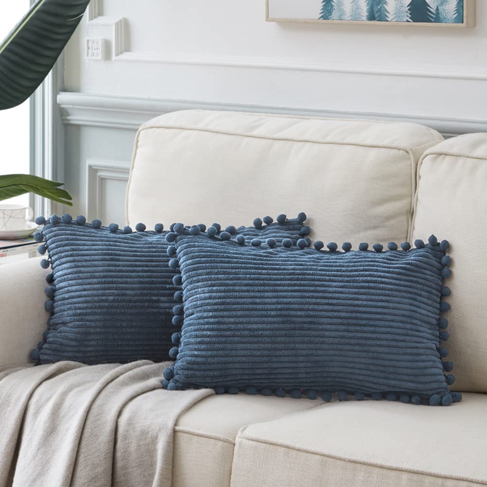 Fancy Homi Pack Of 2 Dusty Blue Decorative Throw Pillow Covers 12X20 Inch With Pom-Poms For Living Room Couch Bedroom, Soft Cord