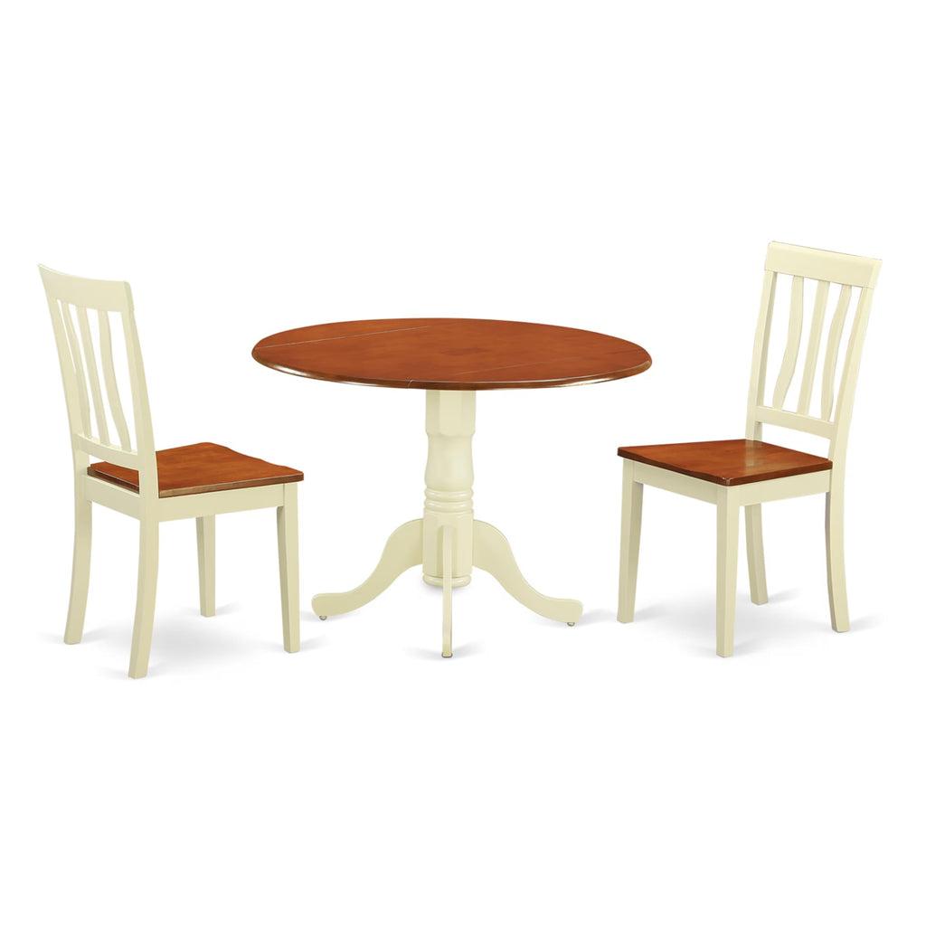 East West Furniture DLAN3-BMK-W 3 Piece Dinette Set for Small Spaces Contains a Round Dining Table with Dropleaf and 2 Kitchen Dining Chairs, 42x42 Inch, Buttermilk & Cherry