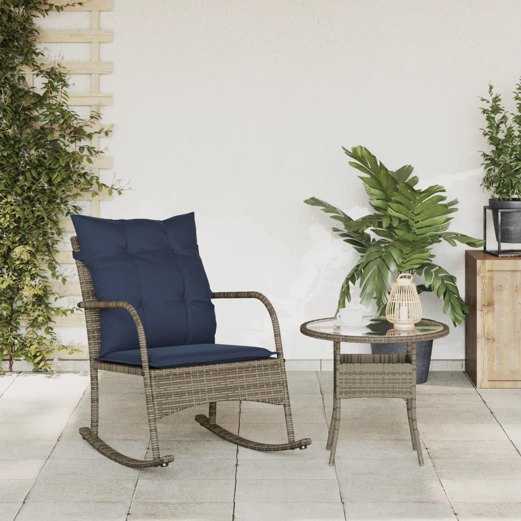vidaXL Patio Rocking Chair with Cushions - Gray Poly Rattan, Navy Blue Cushions, Steel Frame, Garden Furniture, Weather-Resistant Outdoor Seating, 23.6&quot;x34.3&quot;x31.5&quot;