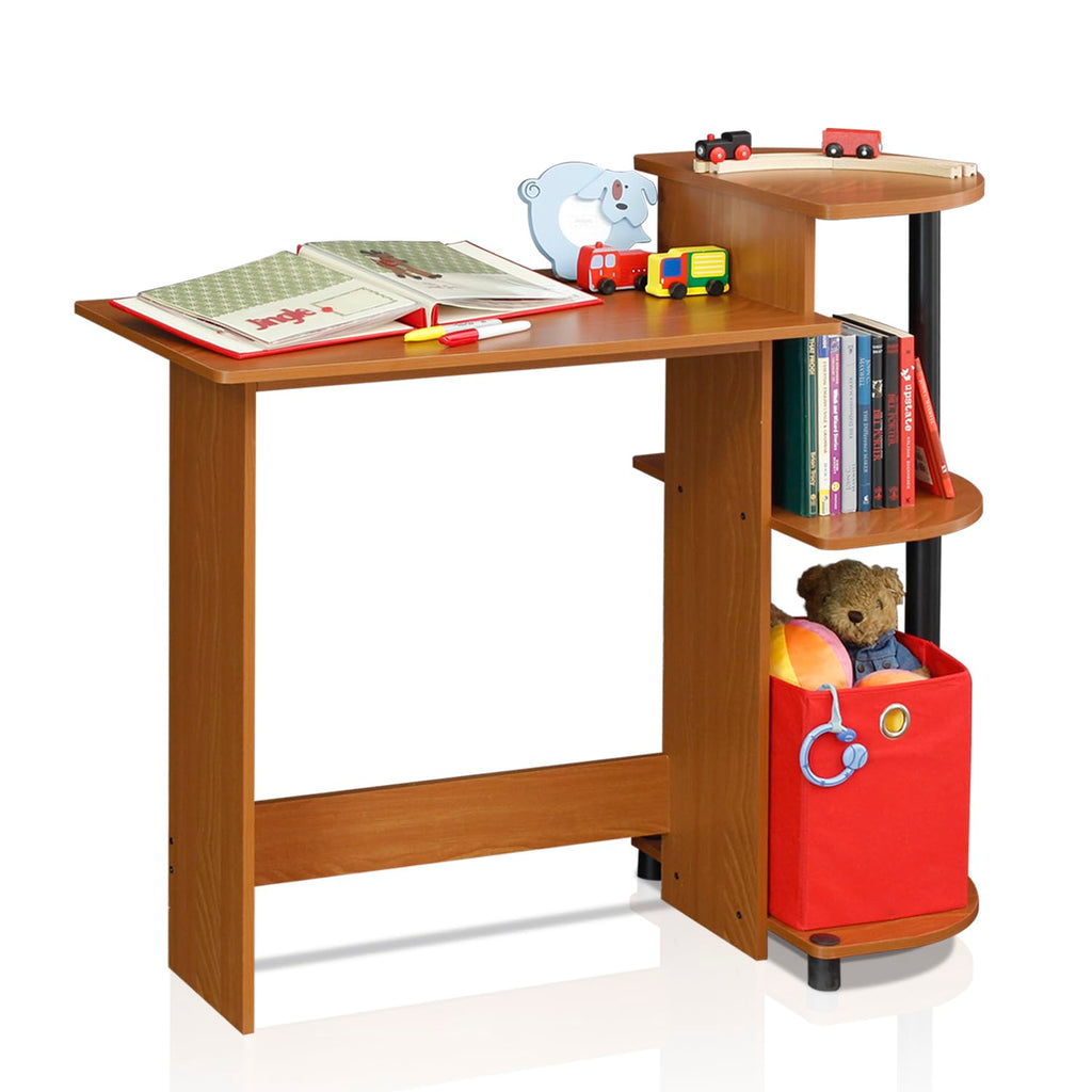 Furinno Compact Computer Desk with Shelves, Round Side, Light Cherry/Black